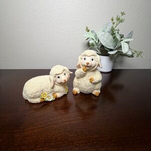 Vintage Style Lamb Sheep Figurines Set of 2 Cream Textured Easter Spring Decor